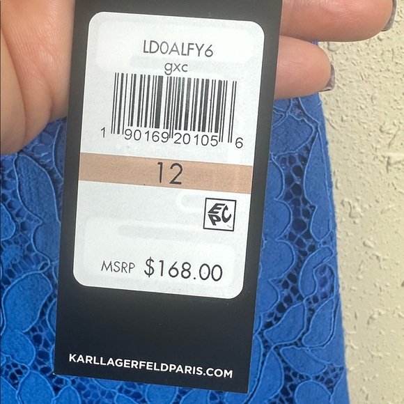 Karl Lagerfeld Paris Blue Lace Sheath Dress V-Neck Flounce Hem NWT $168 Size 12 - Picture 12 of 13